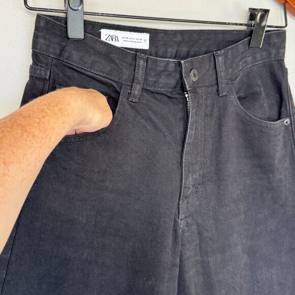 Zara Black 100% Cotton Rigid Denim Curved Horse Shoe Wide Leg Jeans Size 4 - Picture 3 of 10